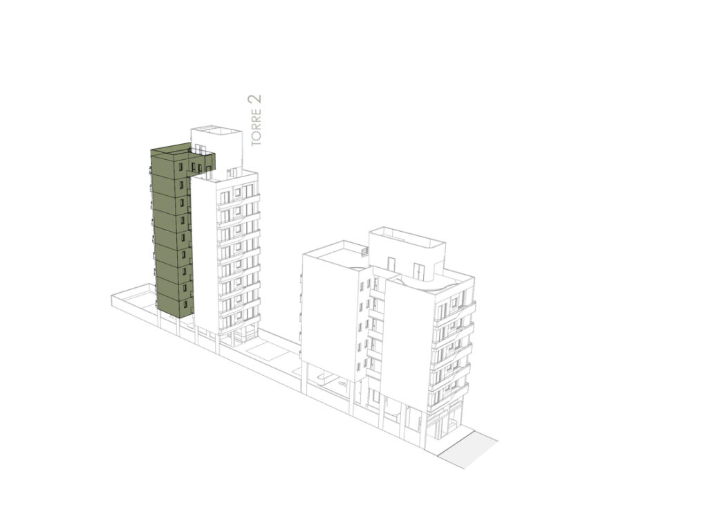 Axonométrica del conjunto donde se destaca en color verde la ubicación de las unidades de dos ambientes tipo C1 en la Torre 1, mostrando orientación y niveles ocupados.