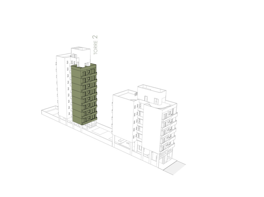 Axonométrica del conjunto donde se resalta en color verde la ubicación de las unidades de dos ambientes tipo C2 en la Torre 1, indicando su disposición y altura dentro del edificio.