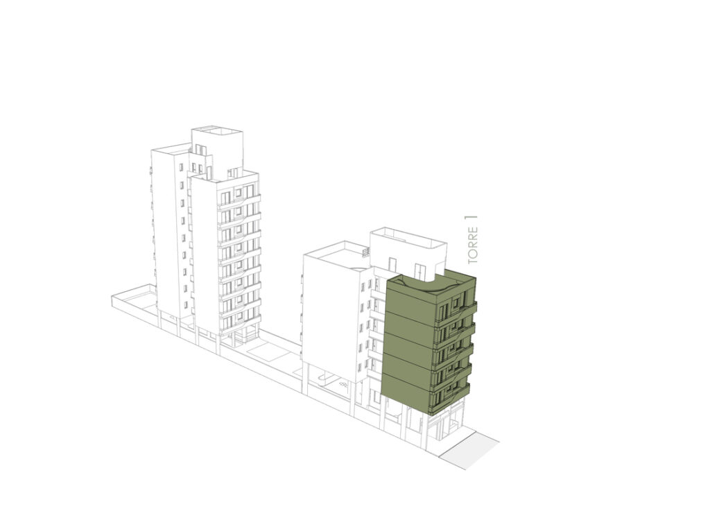 Axonométrica del conjunto donde se destaca en color verde la ubicación de las unidades de tres ambientes tipo D en la Torre 1, con indicación clara de su volumen y niveles ocupados.