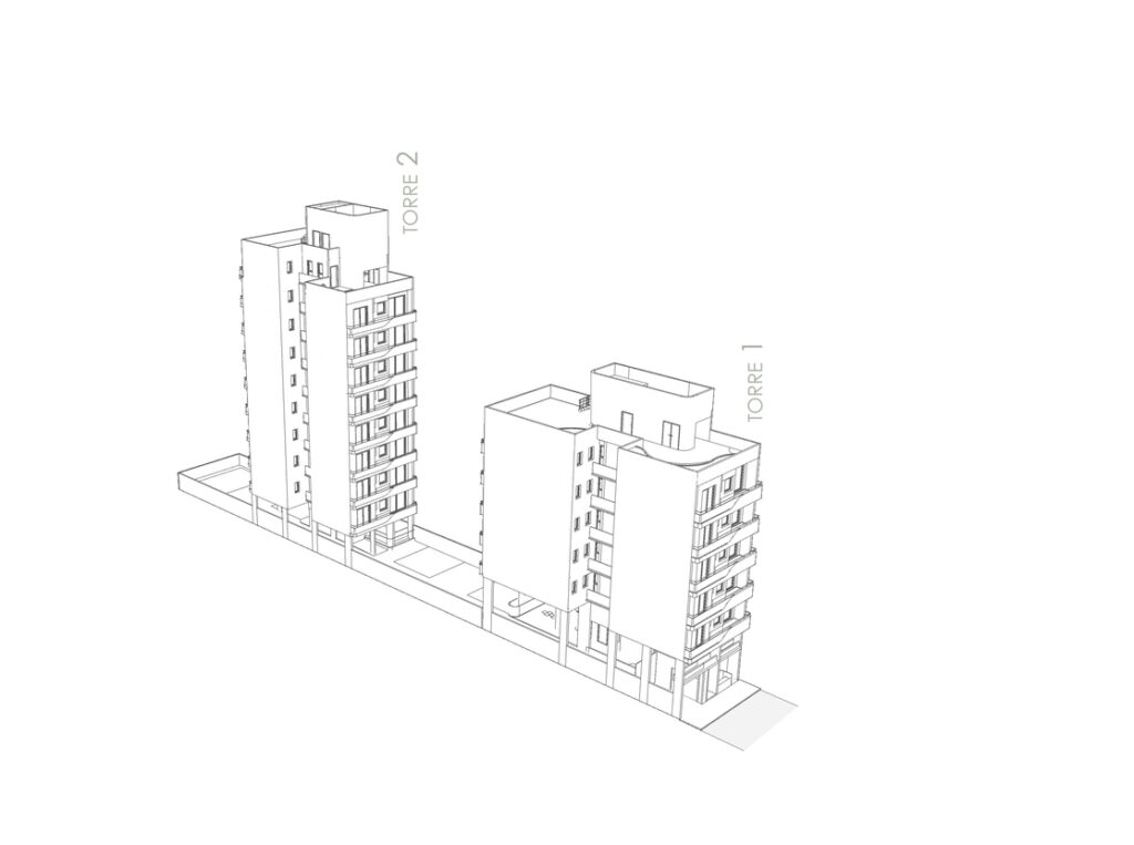 Axonométrica general del conjunto edilicio compuesto por dos torres de viviendas, Torre 1 y Torre 2, mostrando la volumetría completa sin destacar unidades específicas.